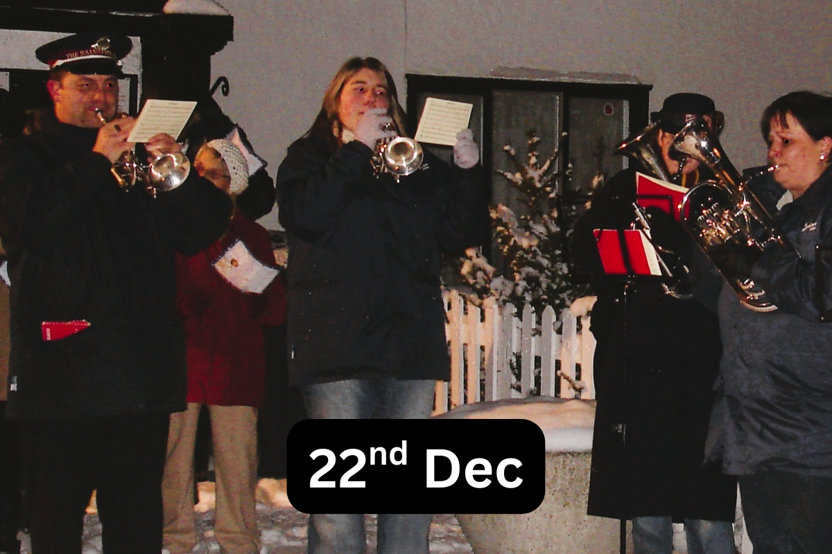 Salvation Army brass band performing in the snow.