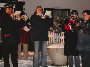 Salvation Army Brass Band performing in the snow.