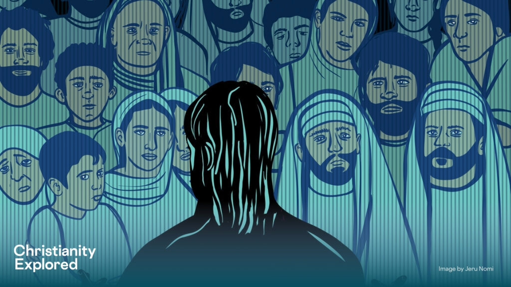 Cartoon of a person (supposed to be Jesus) looking at a crowd.