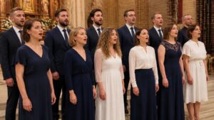 A mixed choir in full song.