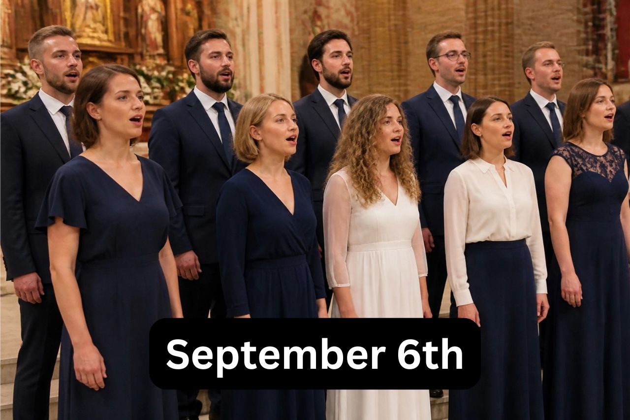 A mixed choir in full song, and the text "September 6th".