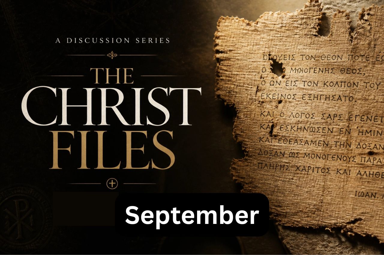 A tattered piece of parchment and some text, "The Christ Files" and "September"