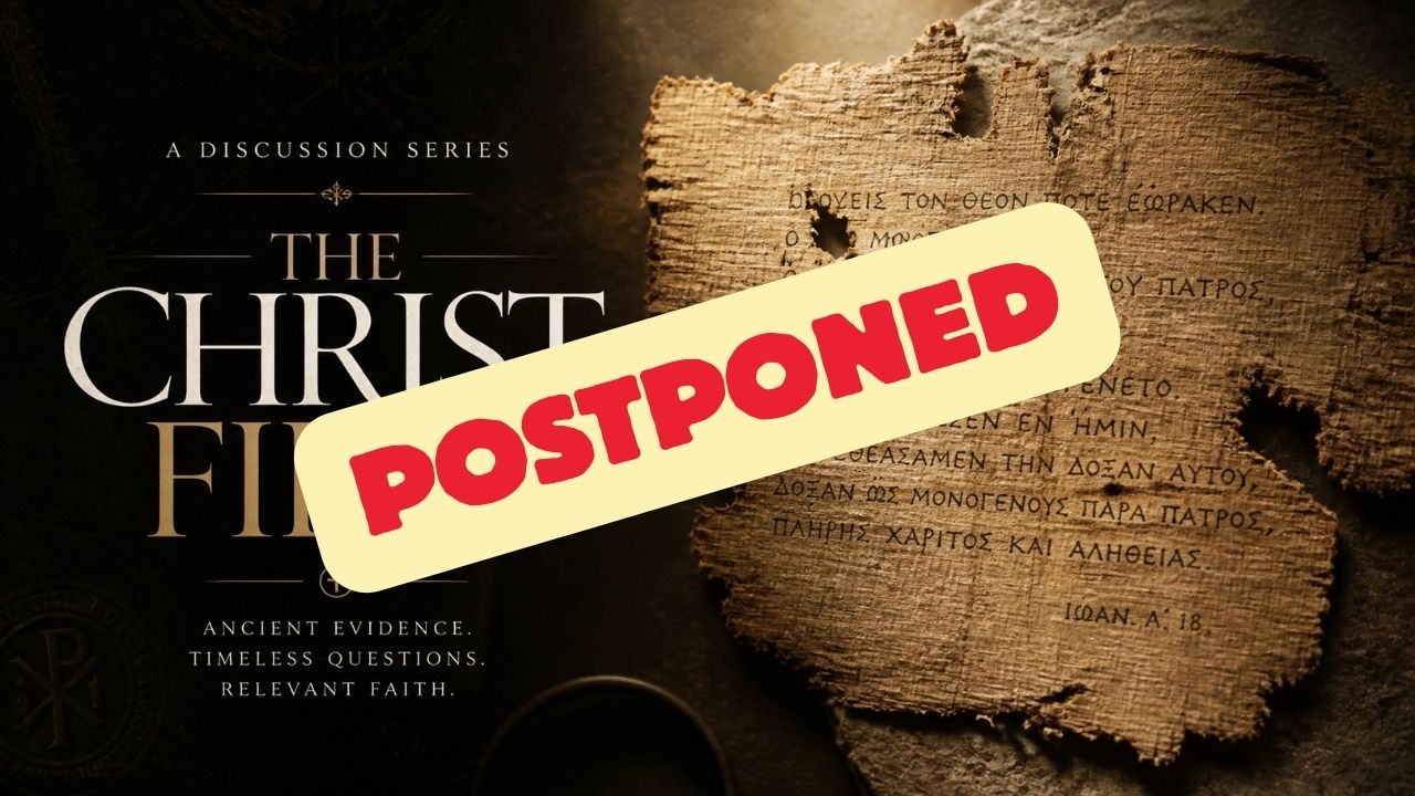 A tattered piece of parchment and some text, "The Christ Files" all overlaid with the label, "Postponed."