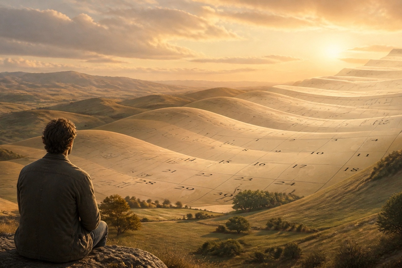A man looking across a valley which is overlaid with a calendar grid.