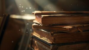 A pile of dusty old books in a shaft of light.