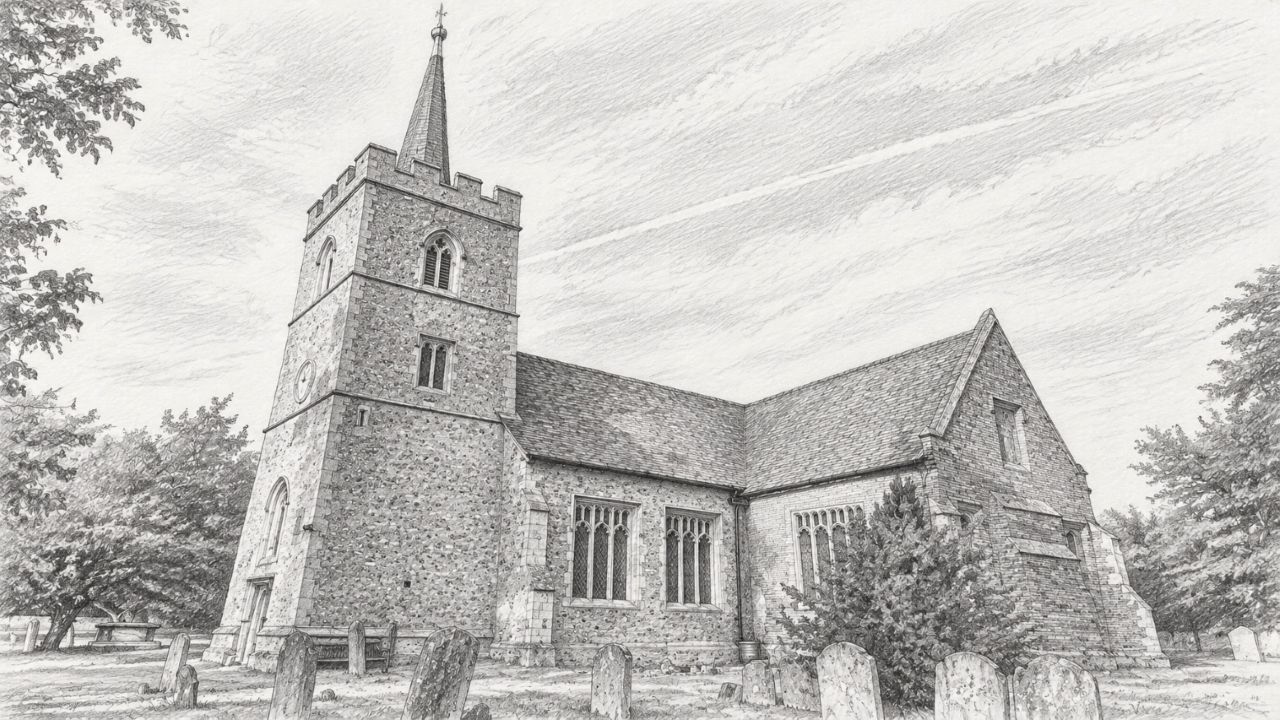 Black and white sketch of Hunsdon Church.